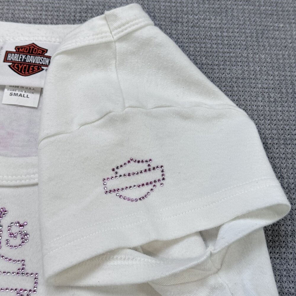 Harley-Davidson Womens White Sturgis 2007 T-Shirt Pink Rhinestone Logo Size S - Picture 8 of 15